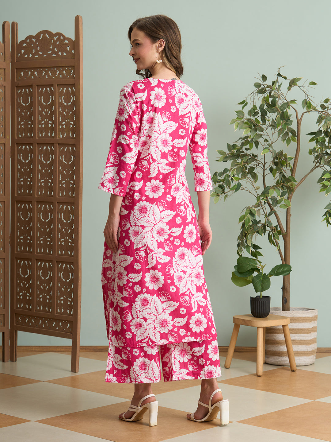 Abstract Floral Printed Straight Fit Co-ord Set - Pink