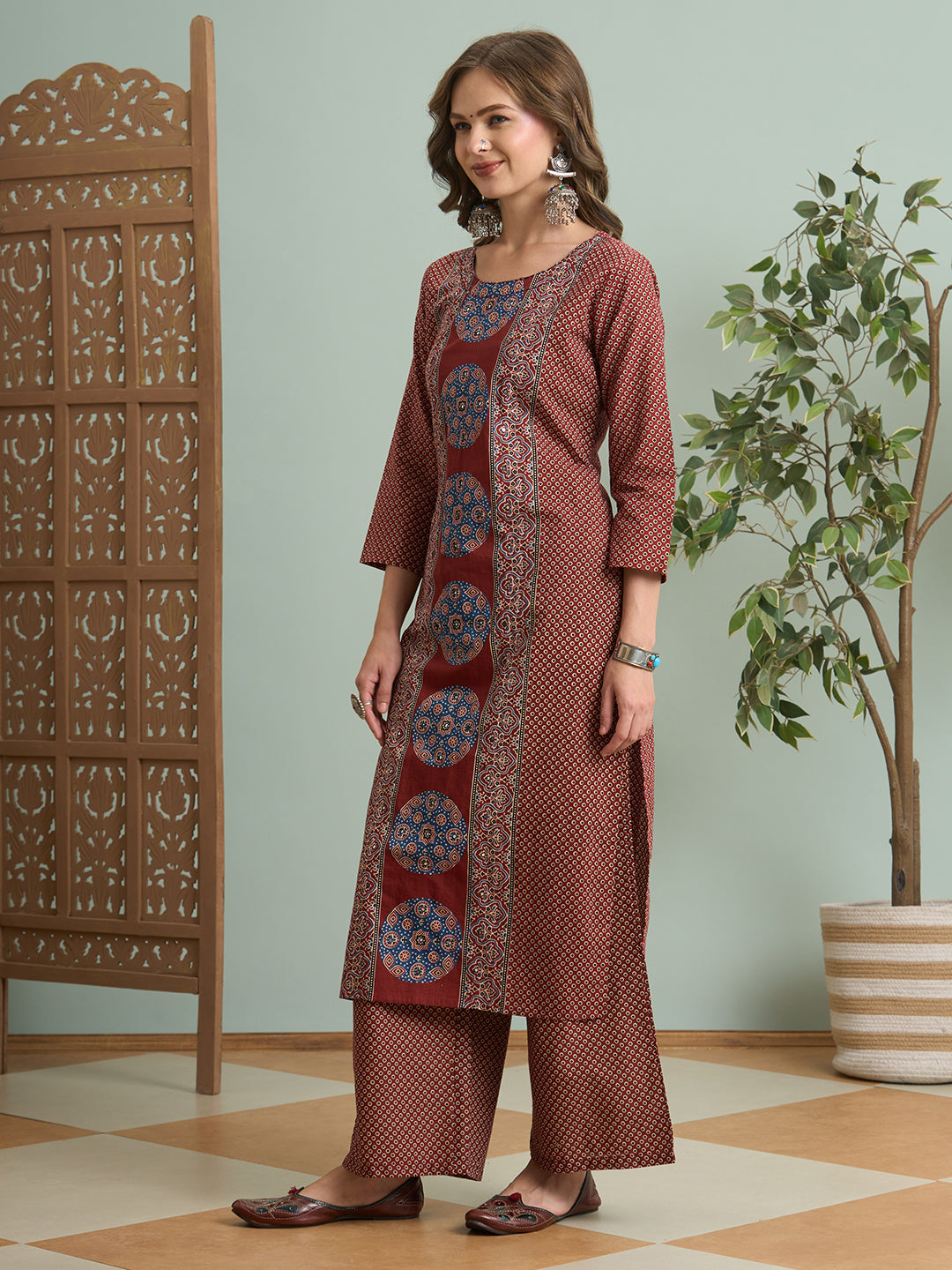 Ajrakh Printed Straight Fit Kurta with Palazzo - Maroon
