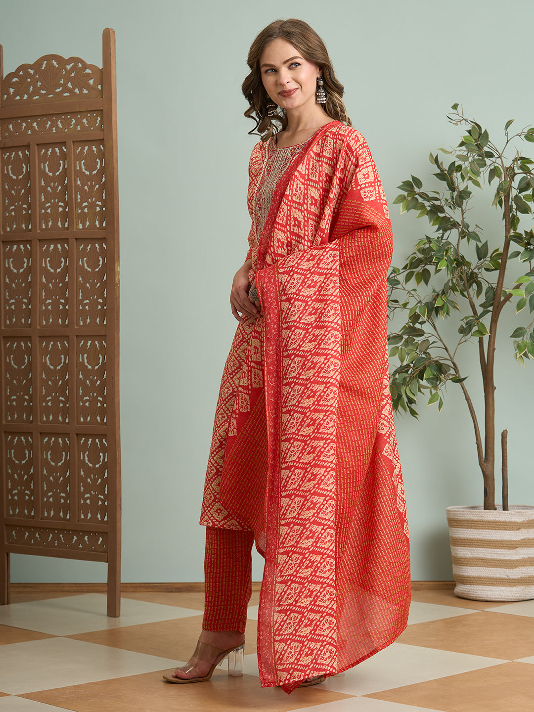 Ethnic Printed & Embroidered Straight Fit Kurta with Pant and Dupatta - Rust