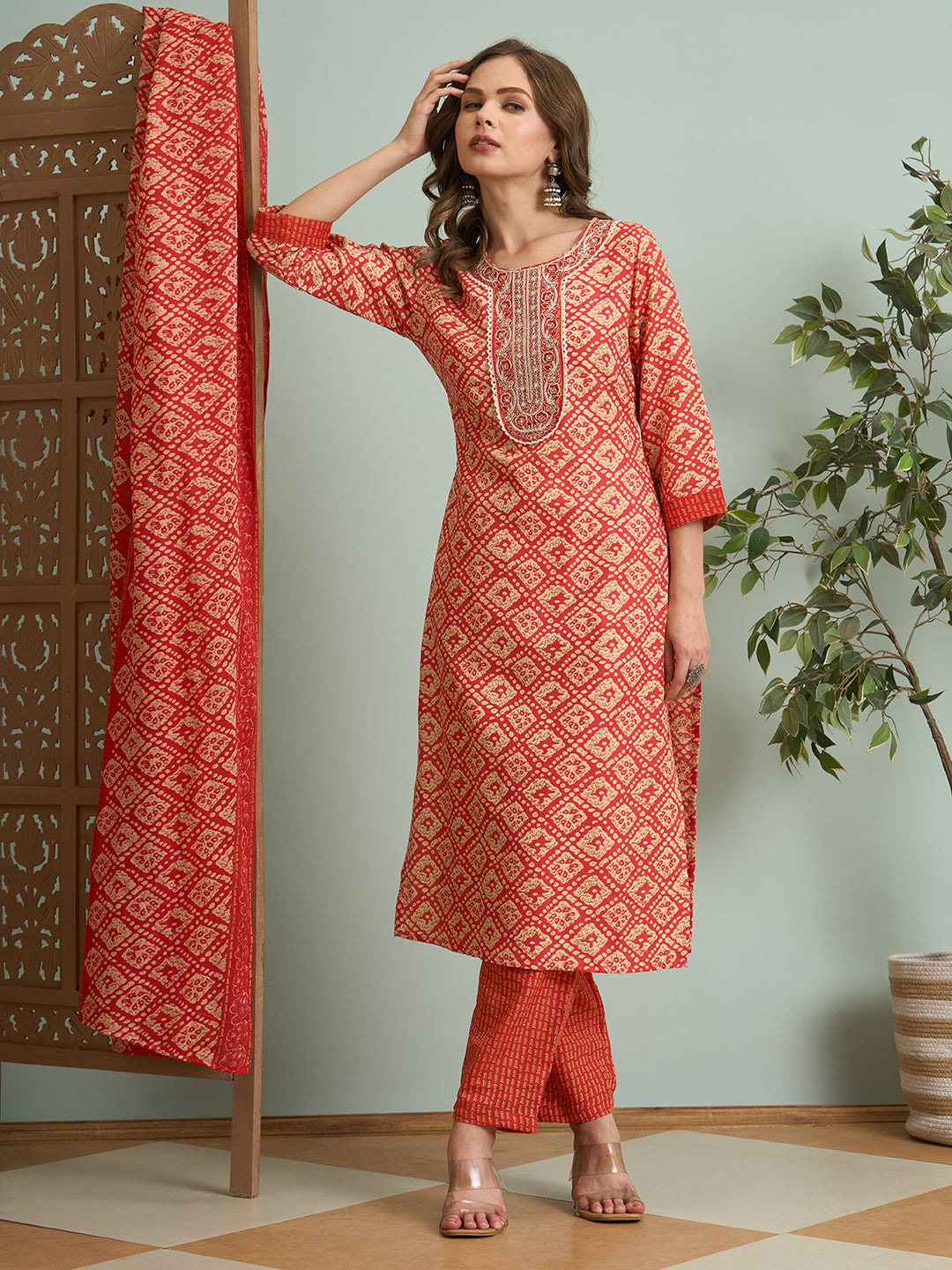 Ethnic Printed & Embroidered Straight Fit Kurta with Pant and Dupatta - Rust