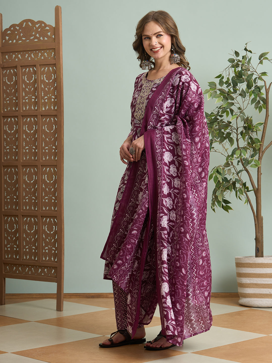 Ethnic Floral Printed Embroidered Straight Fit Kurta with Pant and Dupatta - Burgundy