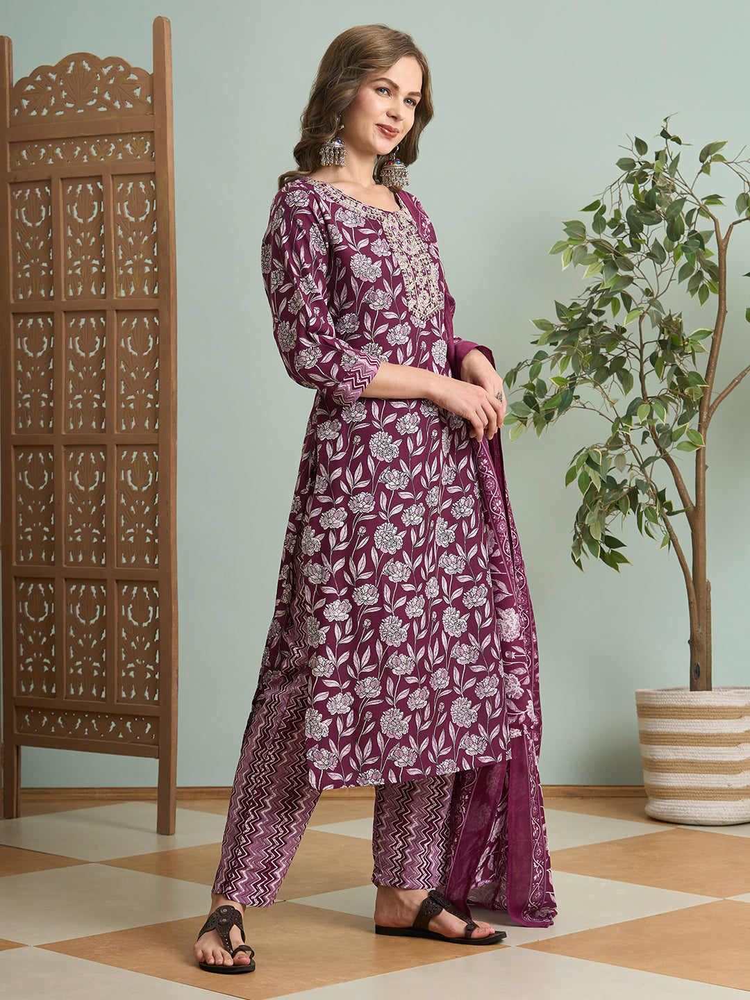Ethnic Floral Printed Embroidered Straight Fit Kurta with Pant and Dupatta - Burgundy