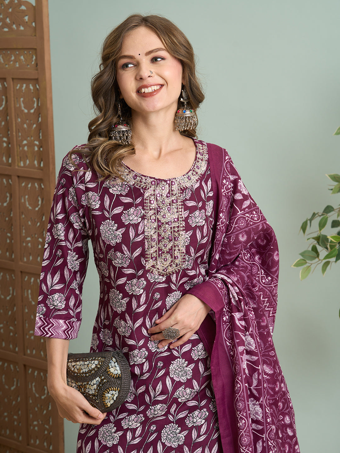 Ethnic Floral Printed Embroidered Straight Fit Kurta with Pant and Dupatta - Burgundy