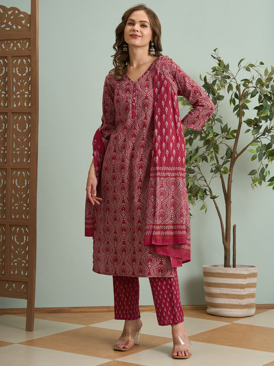 Ethnic Printed Straight Fit Kurta with Pant & Dupatta - Pink