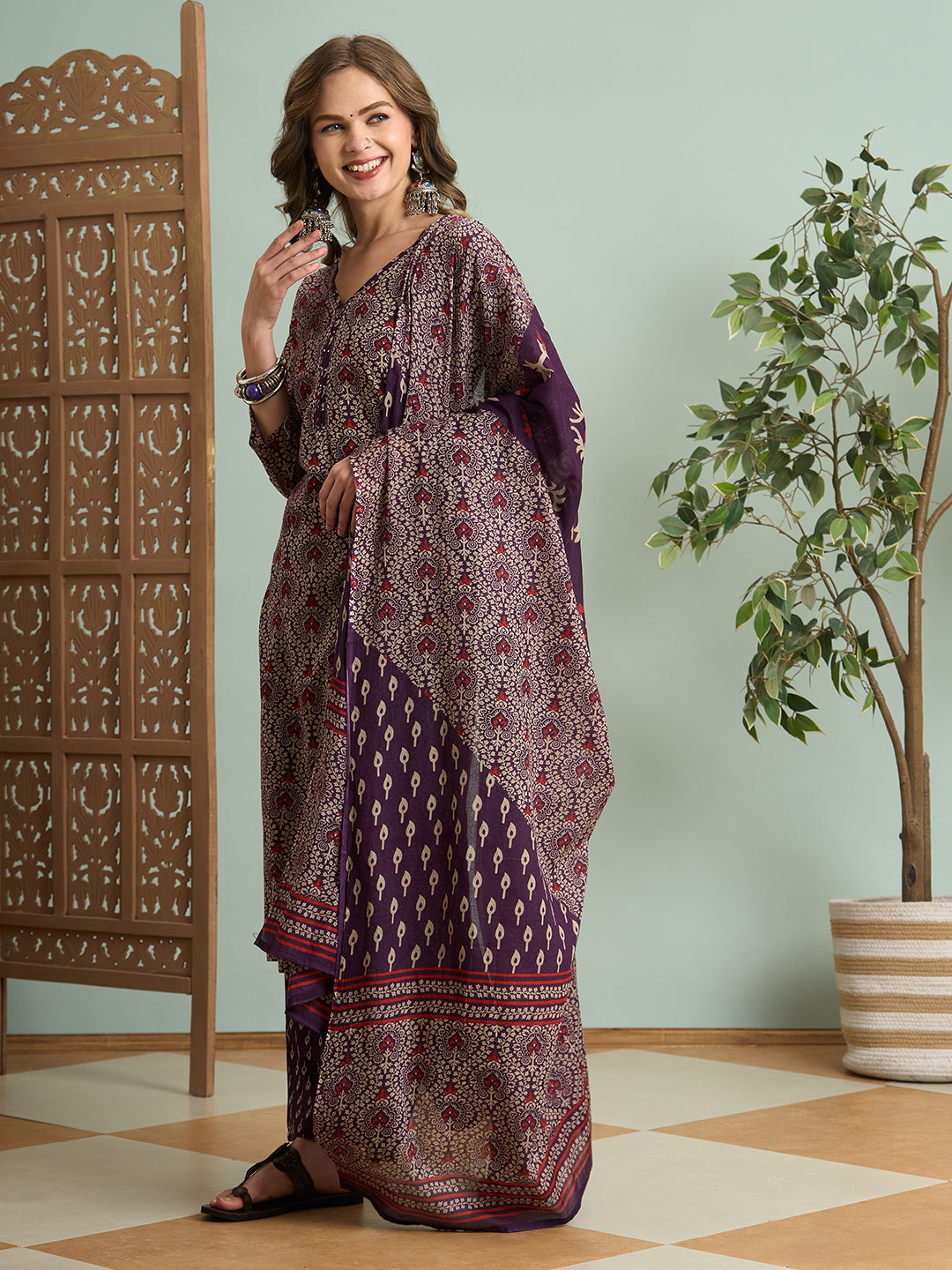Ethnic Printed Straight Fit Kurta with Pant & Dupatta - Purple