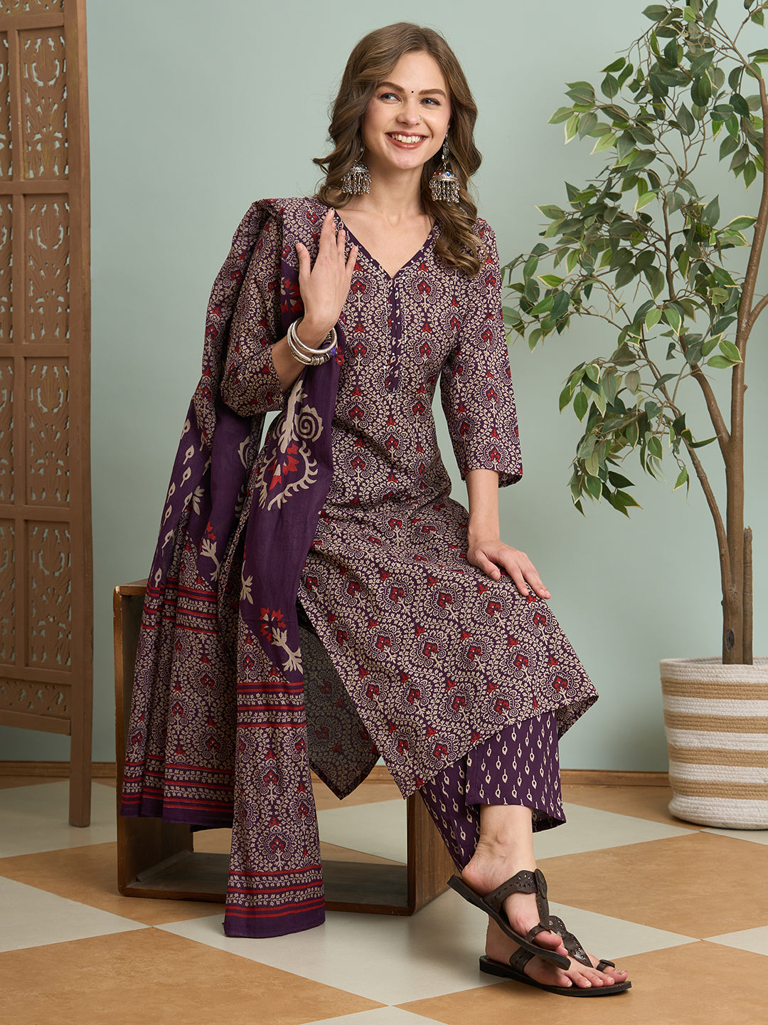 Ethnic Printed Straight Fit Kurta with Pant & Dupatta - Purple
