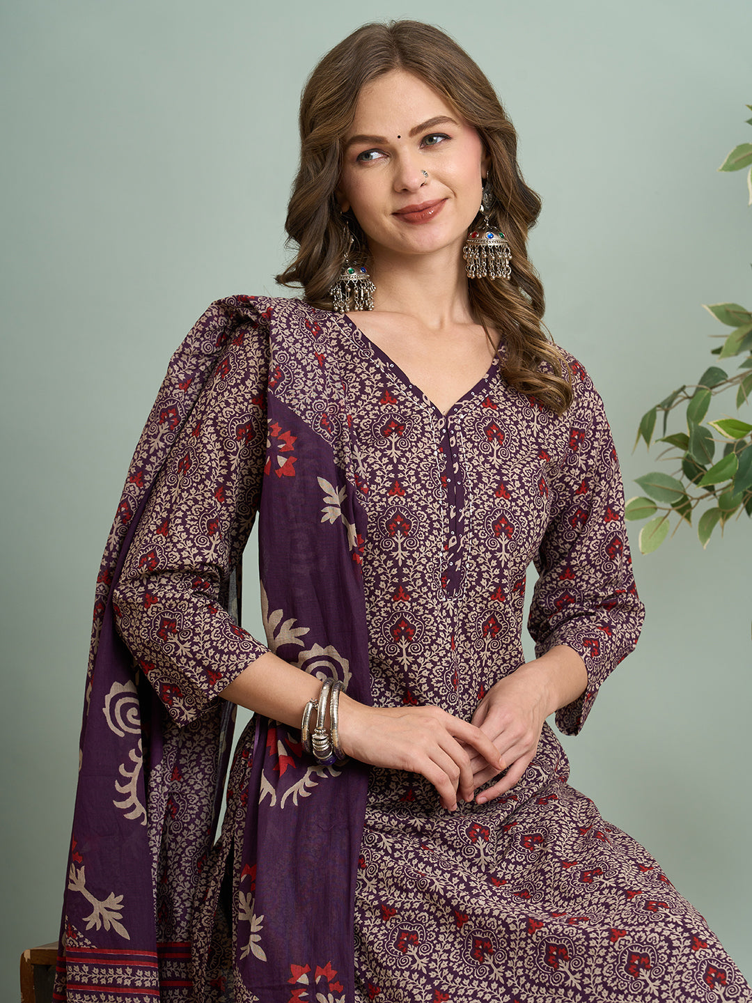 Ethnic Printed Straight Fit Kurta with Pant & Dupatta - Purple