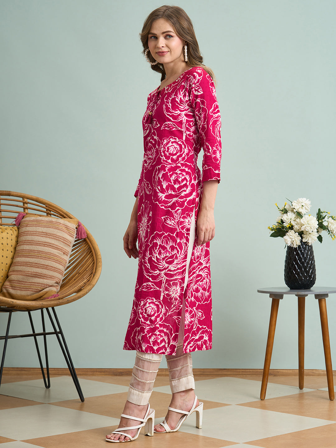 Abstract Floral Printed Straight Fit Kurta - Pink