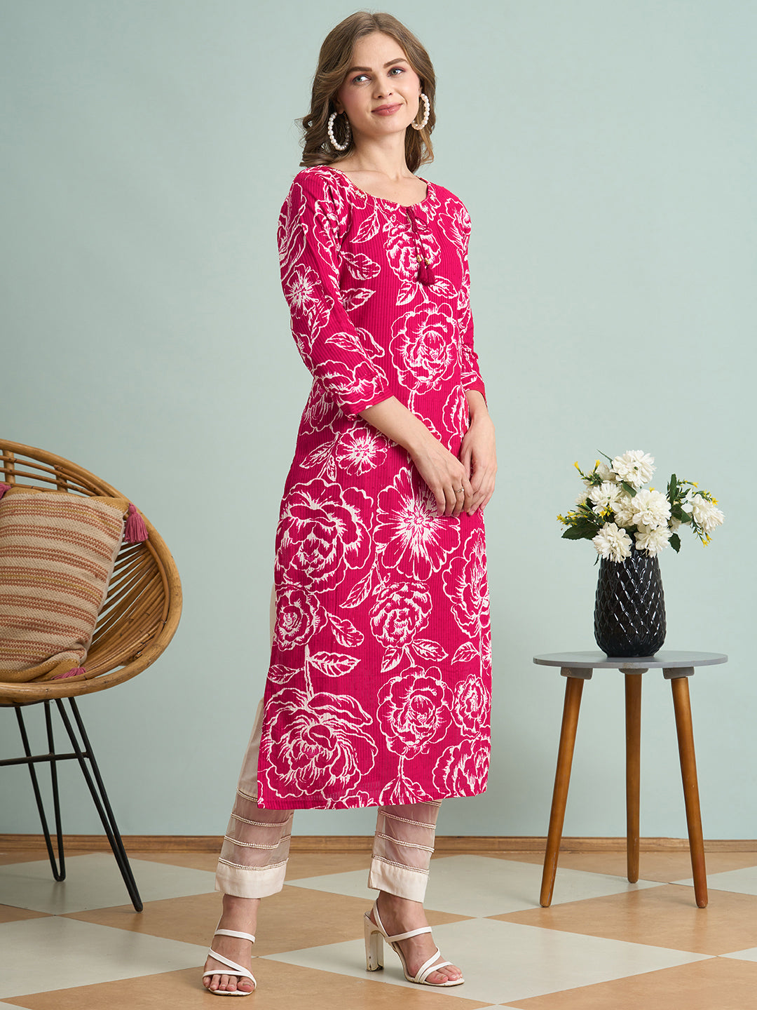 Abstract Floral Printed Straight Fit Kurta - Pink