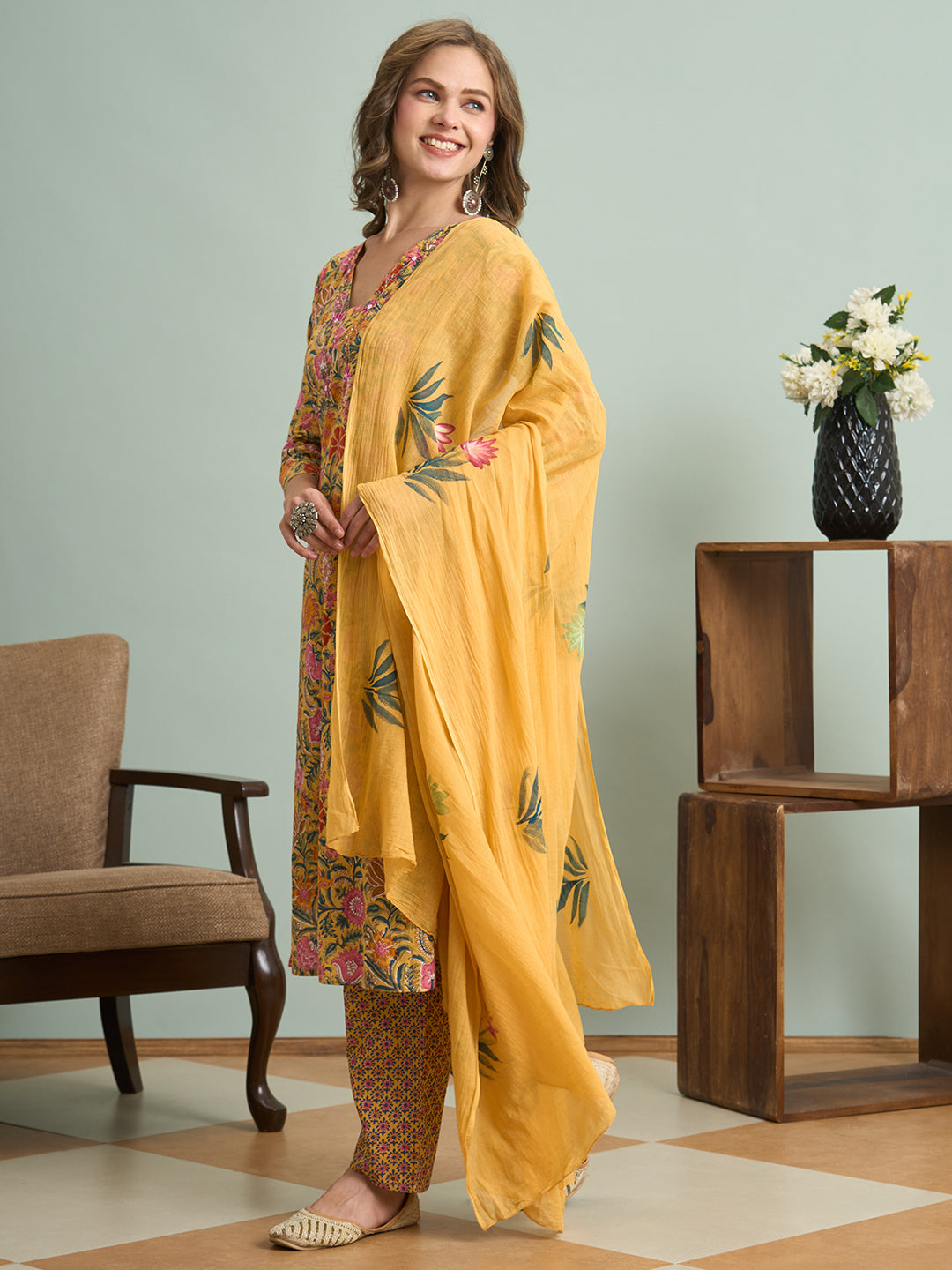 Ethnic Floral Printed Embroidered Straight Fit Kurta with Pant and Pure Cotton Dupatta - Yellow
