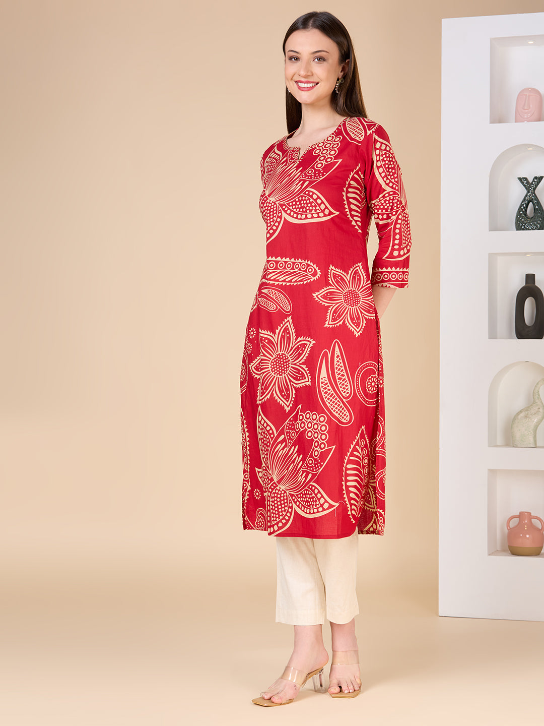 Abstract Floral Printed Straight Fit Kurta - Maroon