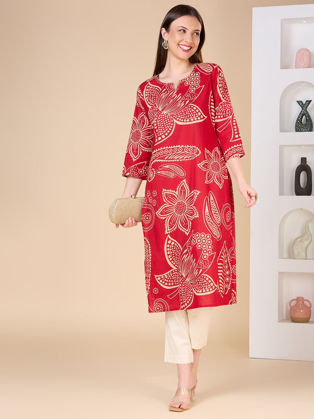 Abstract Floral Printed Straight Fit Kurta - Maroon