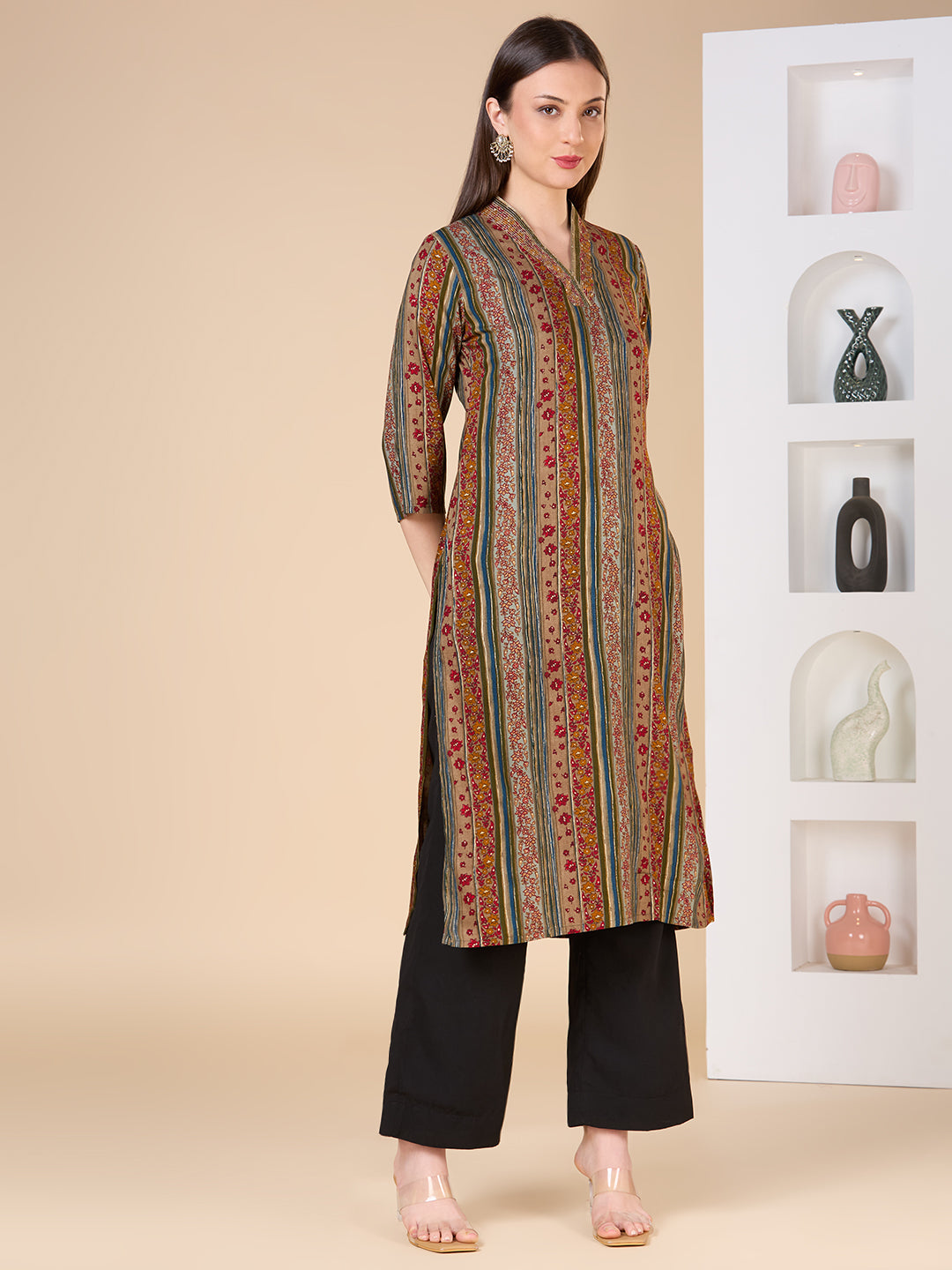 Ethnic Floral & Stripes Printed Embroidered Straight Fit Kurta - Multi