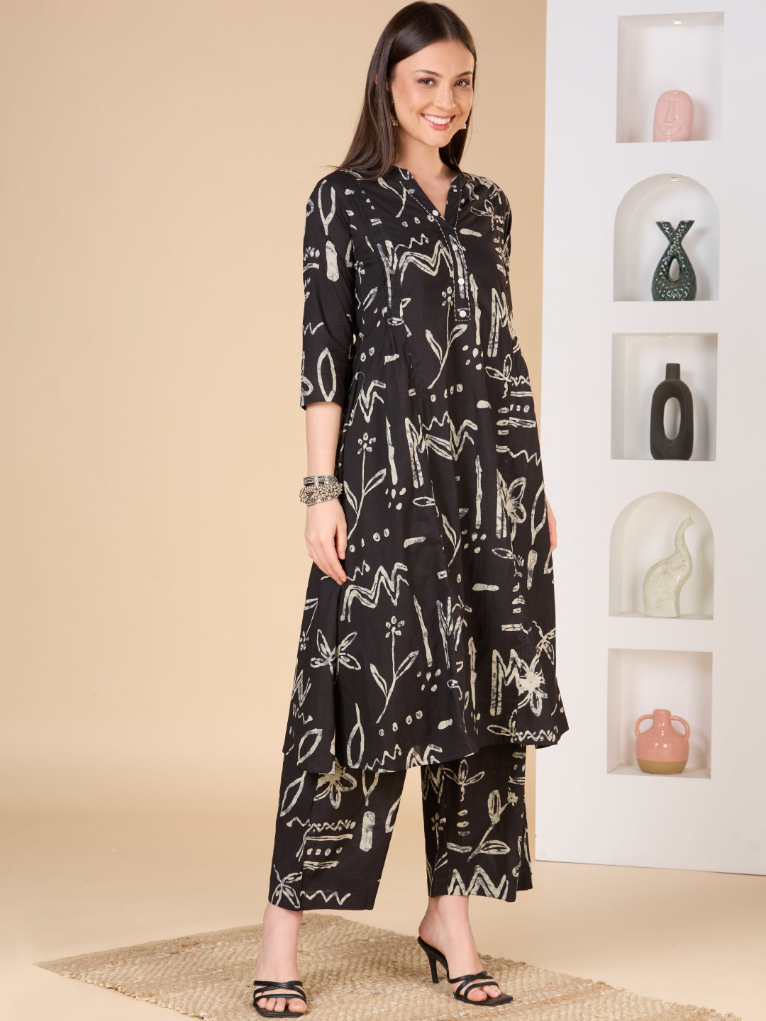 Abstract Printed A-Line Paneled Co-ord Set - Black