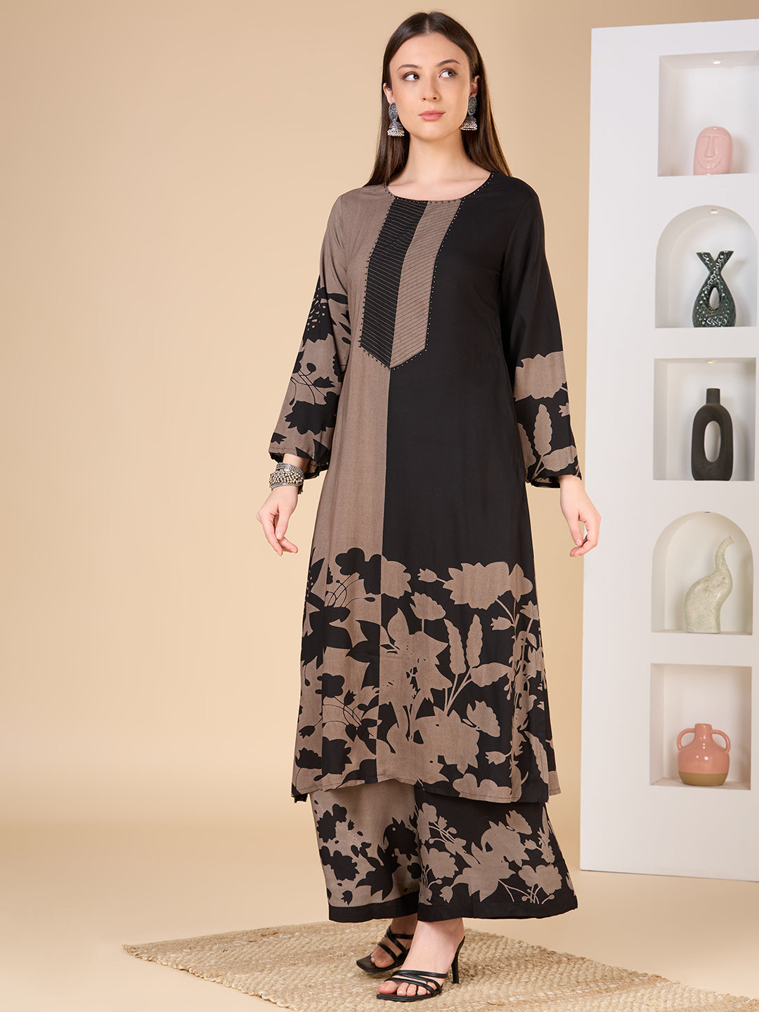 Abstract Floral Printed A-Line Flared Co-ord Set - Black