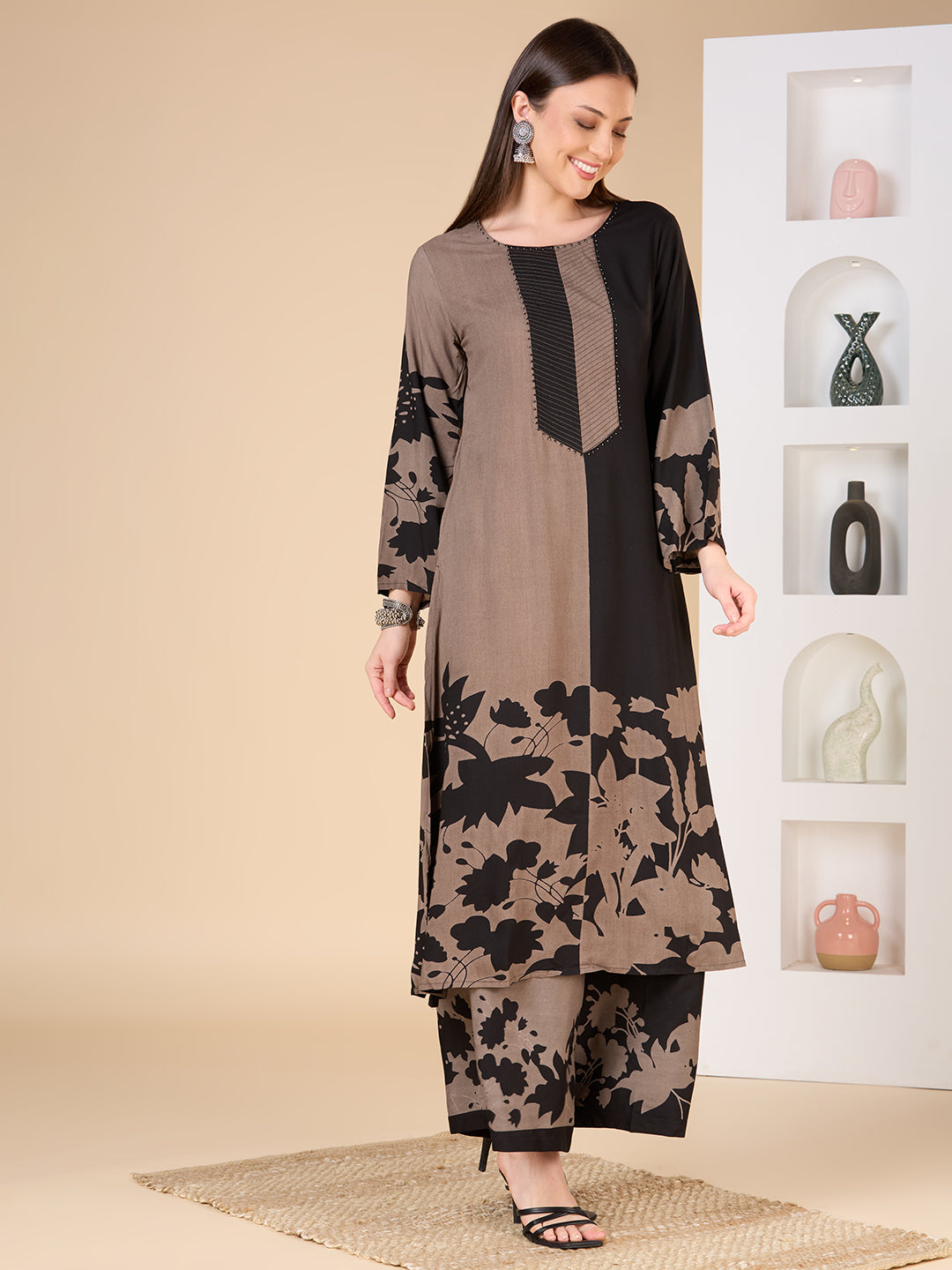 Abstract Floral Printed A-Line Flared Co-ord Set - Black