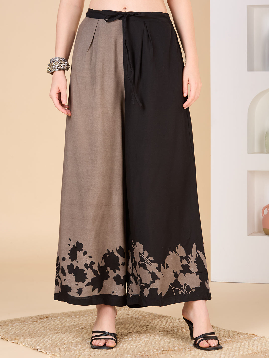 Abstract Floral Printed A-Line Flared Co-ord Set - Black