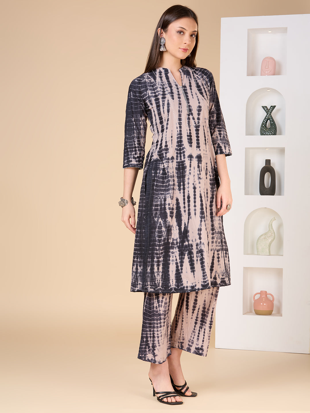 Shibori Printed A-Line Co-ord Set - Dark Grey