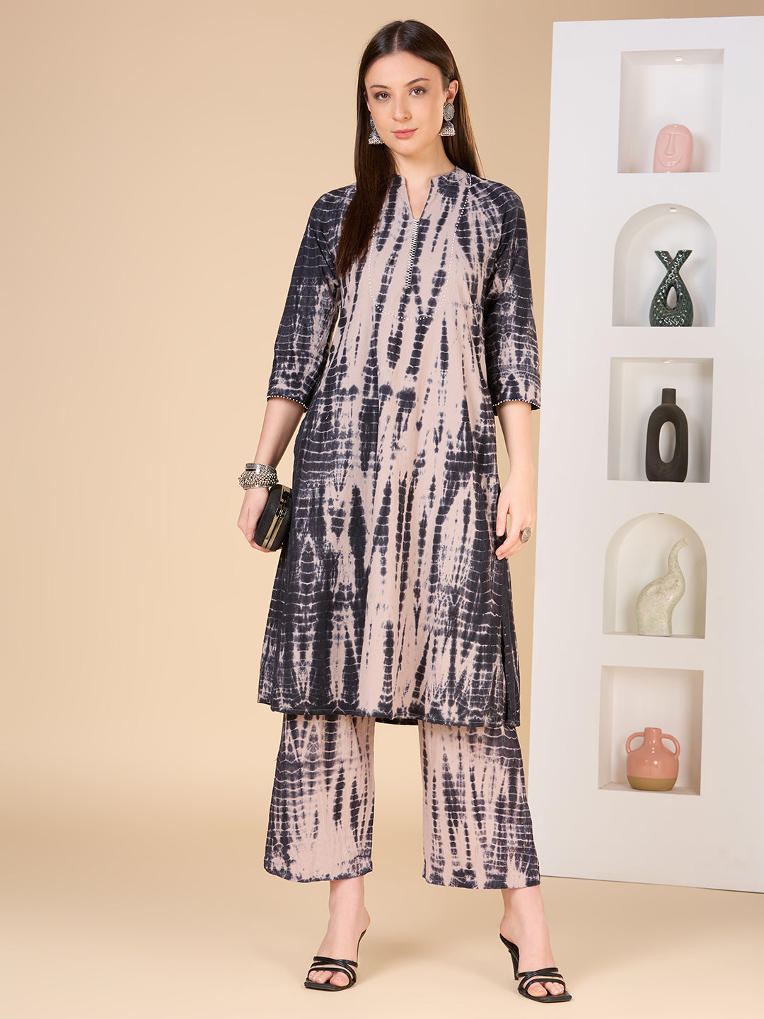 Shibori Printed A-Line Co-ord Set - Dark Grey