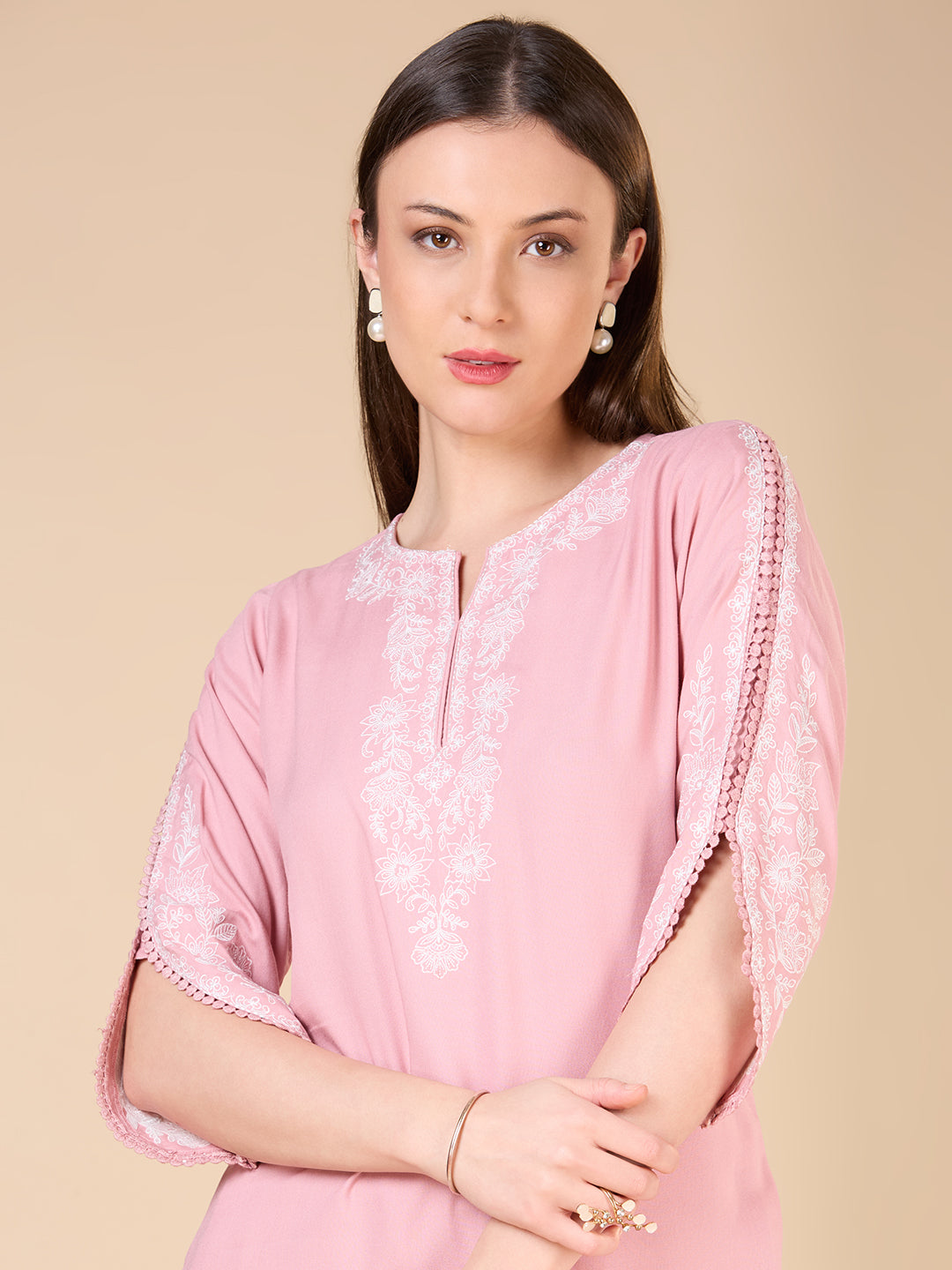 Solid Ethnic Embroidered Straight Fit Co-ord Set - Pink