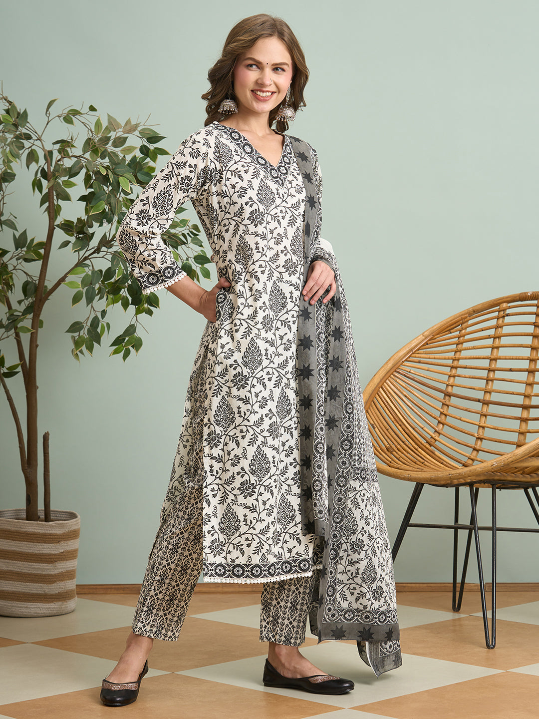 Ethnic Floral Printed & Embroidered Straight Kurta with Pant & Dupatta - White