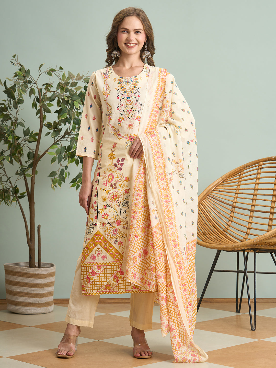 Ethnic Floral Printed Straight Fit Kurta with Pant and Dupatta - Cream