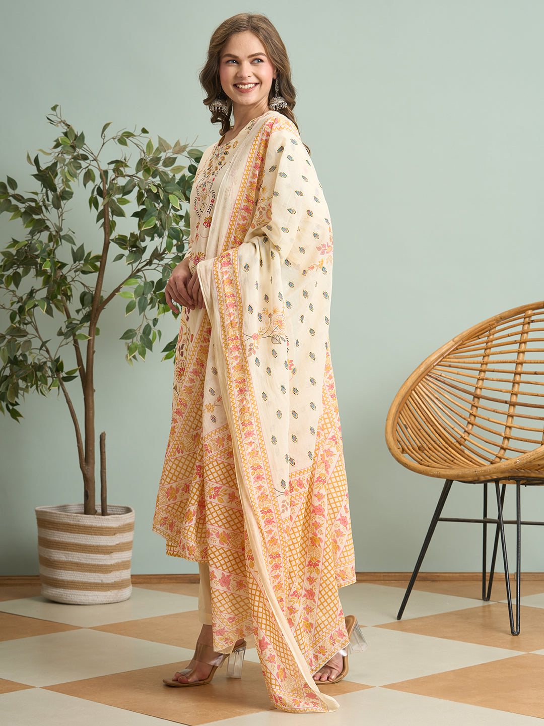 Ethnic Floral Printed Straight Fit Kurta with Pant and Dupatta - Cream