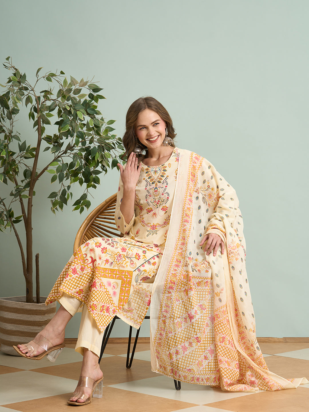Ethnic Floral Printed Straight Fit Kurta with Pant and Dupatta - Cream