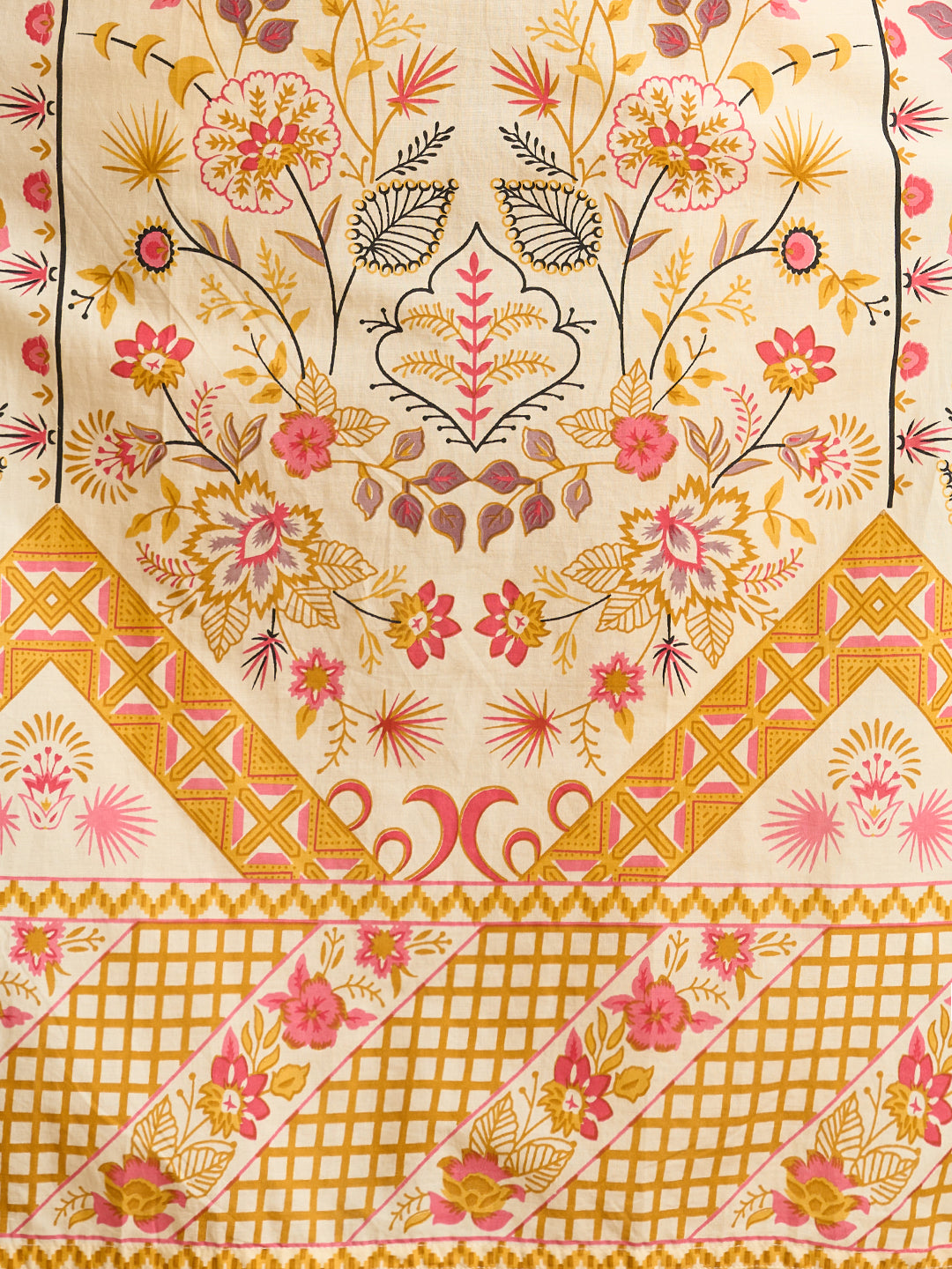 Ethnic Floral Printed Straight Fit Kurta with Pant and Dupatta - Cream