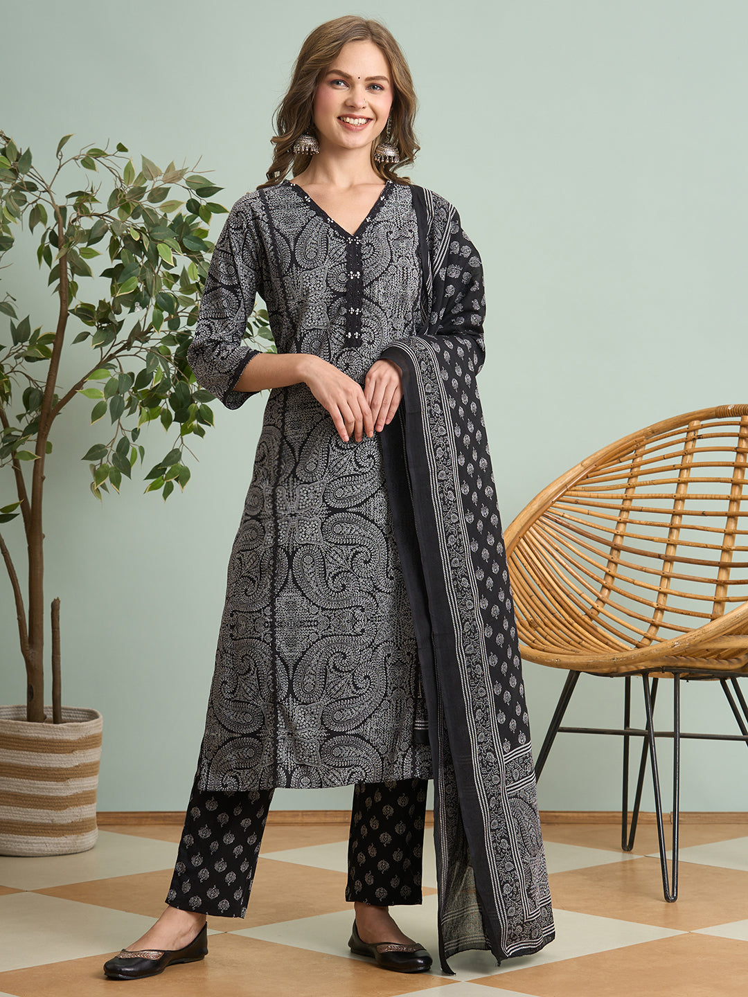 Ethnic Floral Printed Embroidered Straight Fit Kurta with Pant and Dupatta - Black