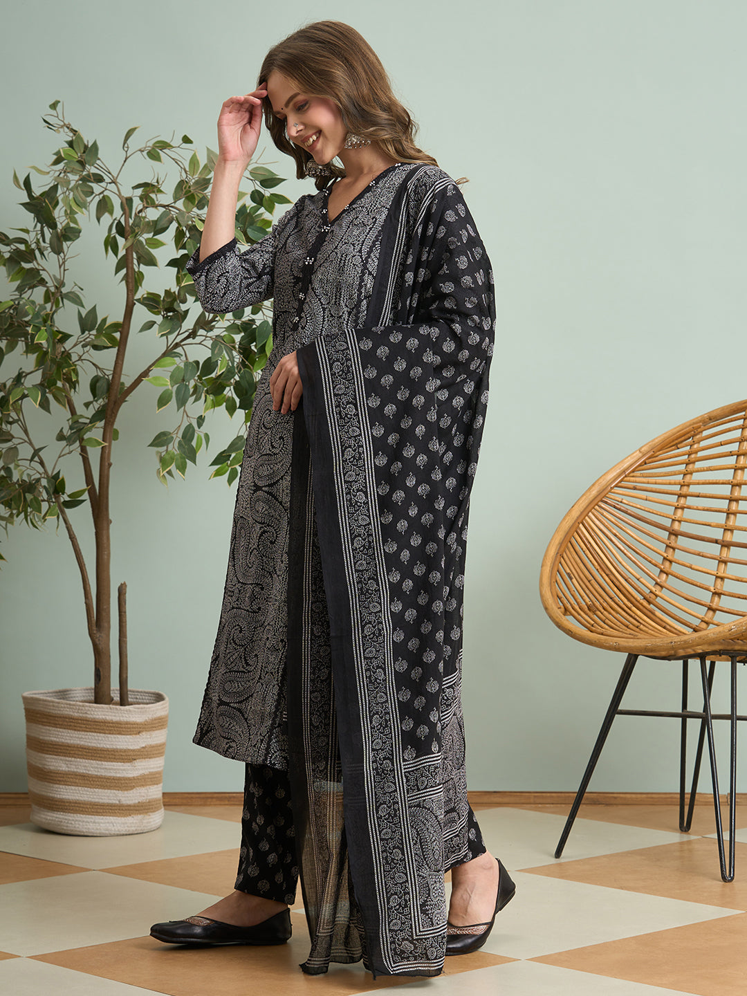 Ethnic Floral Printed Embroidered Straight Fit Kurta with Pant and Dupatta - Black