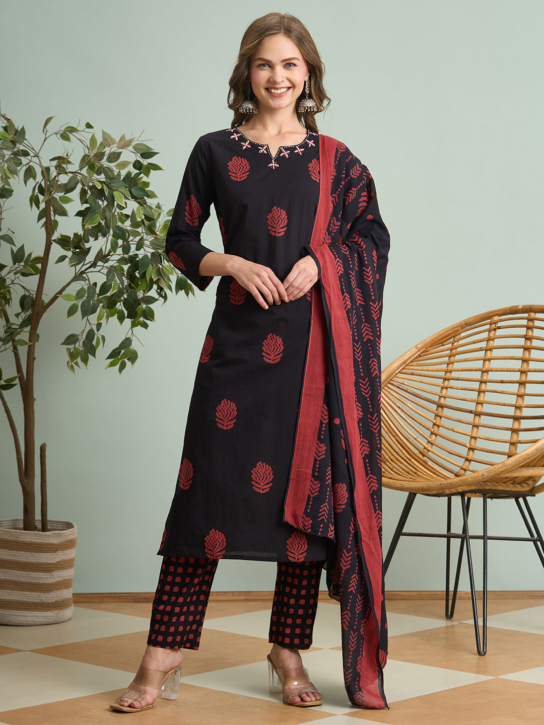 Ethnic Printed Embroidered Straight Fit Kurta with Pant and Dupatta - Black