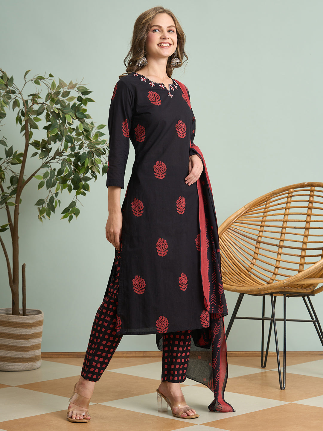 Ethnic Printed Embroidered Straight Fit Kurta with Pant and Dupatta - Black