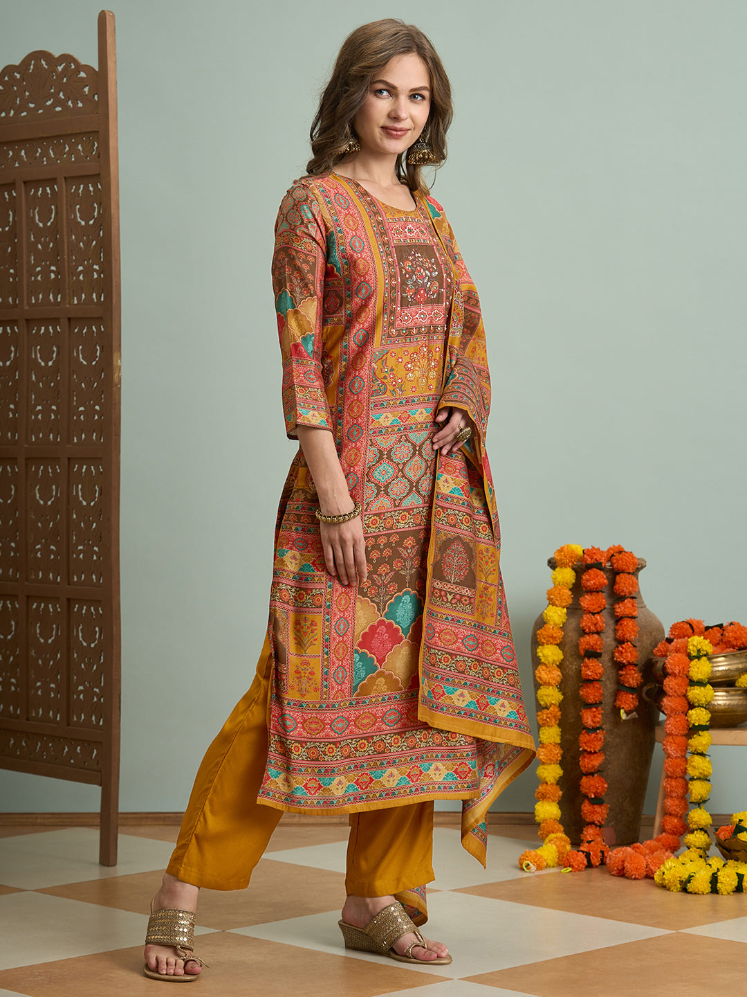 Ethnic Floral Printed & Embroidered Straight Fit Kurta with Pant and Dupatta - Mustard