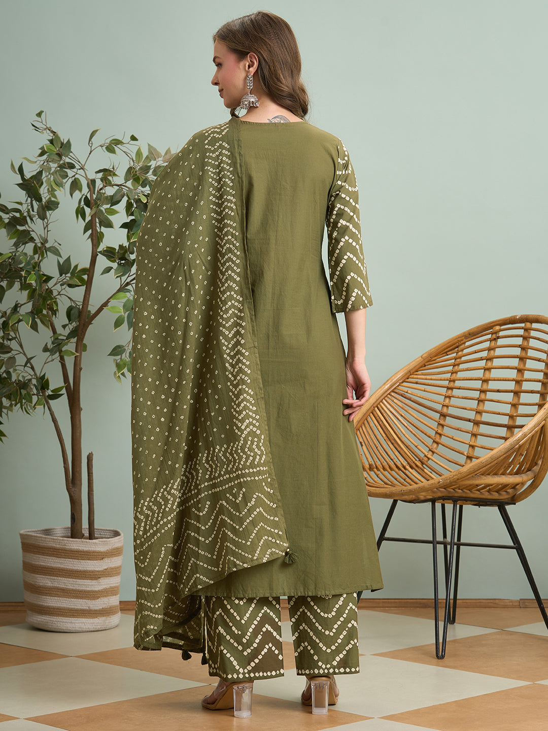 Bandhani Printed Straight Fit Kurta with Palazzo and Dupatta - Green