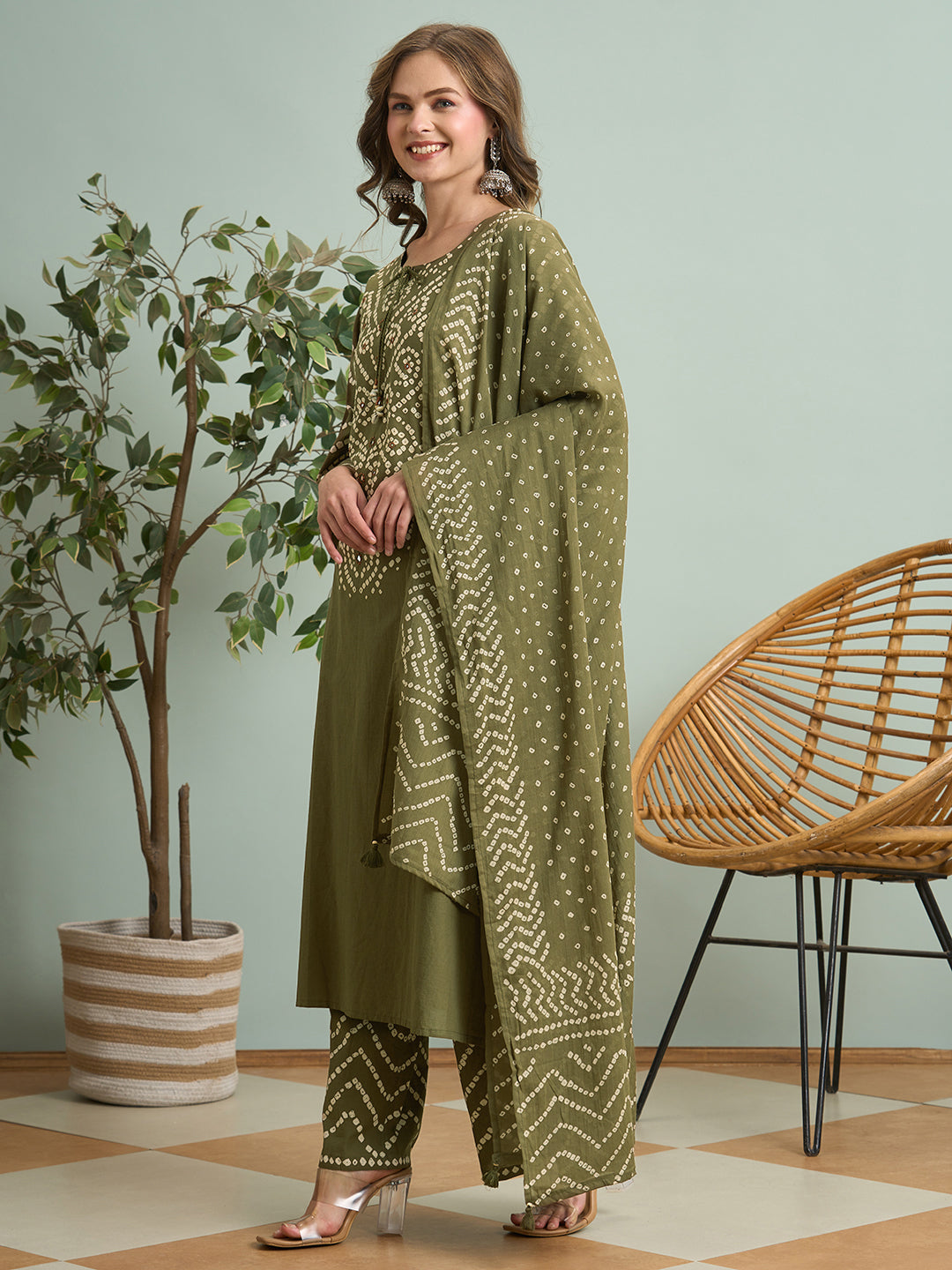 Bandhani Printed Straight Fit Kurta with Palazzo and Dupatta - Green