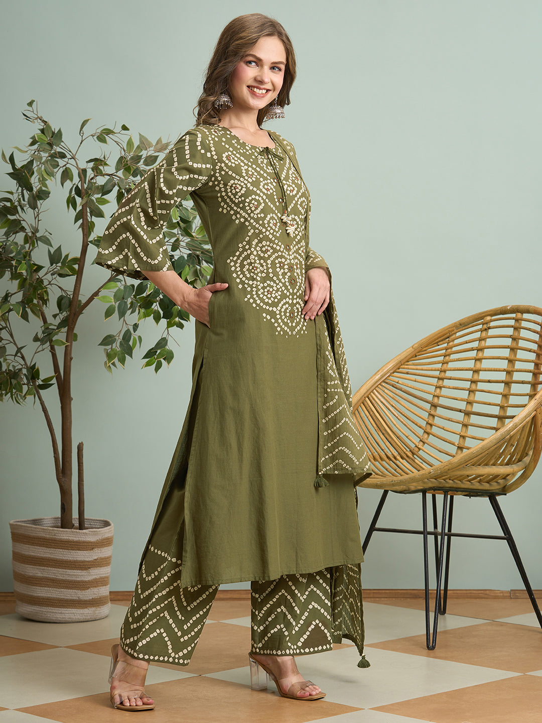 Bandhani Printed Straight Fit Kurta with Palazzo and Dupatta - Green