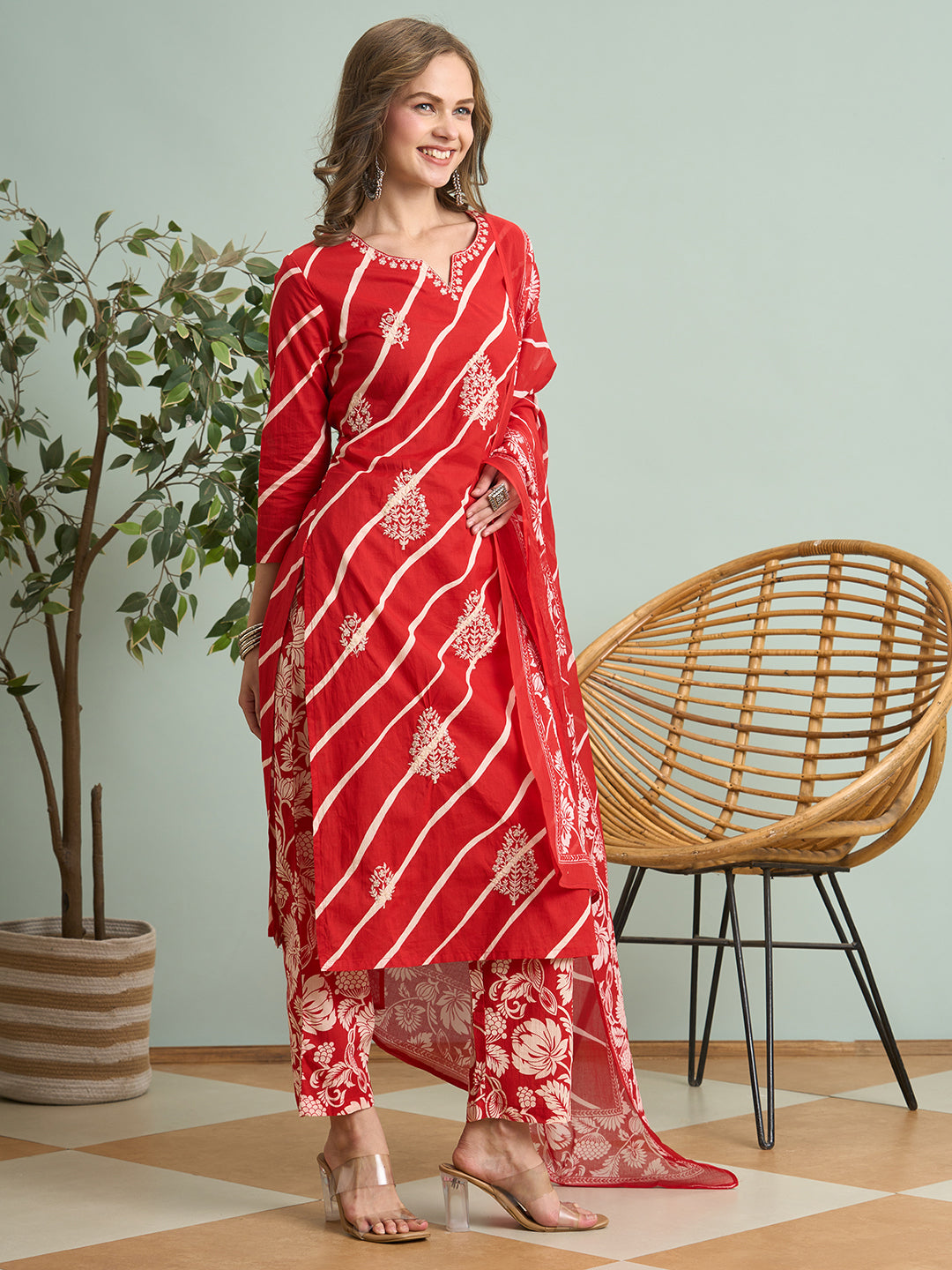 Leheriya Printed & Embroidered Straight Kurta with Pant & Dupatta - Red