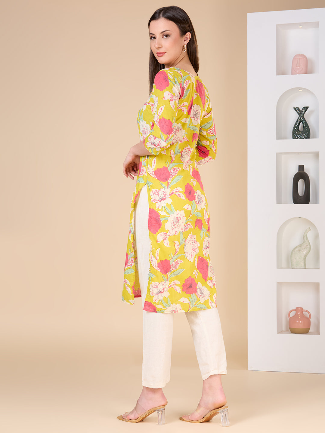 Abstract Floral Printed Straight Fit Kurta - Lime Green
