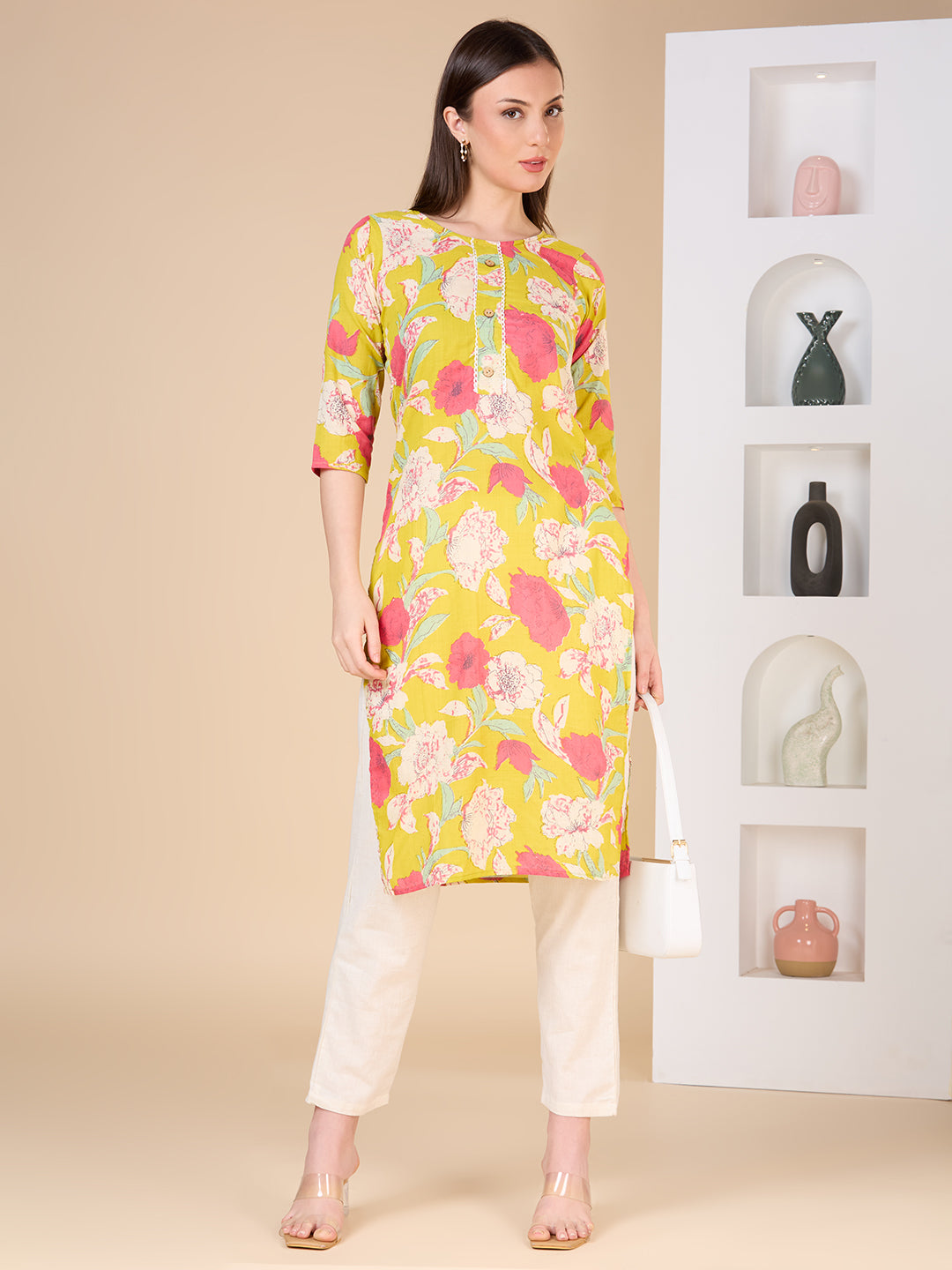 Abstract Floral Printed Straight Fit Kurta - Lime Green