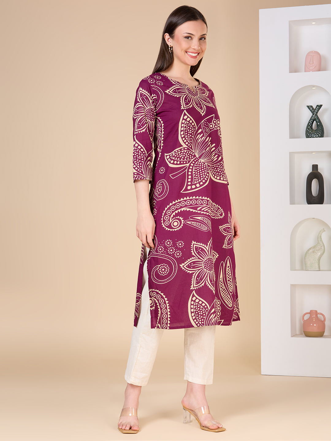 Abstract Floral Printed Straight Fit Kurta - Purple