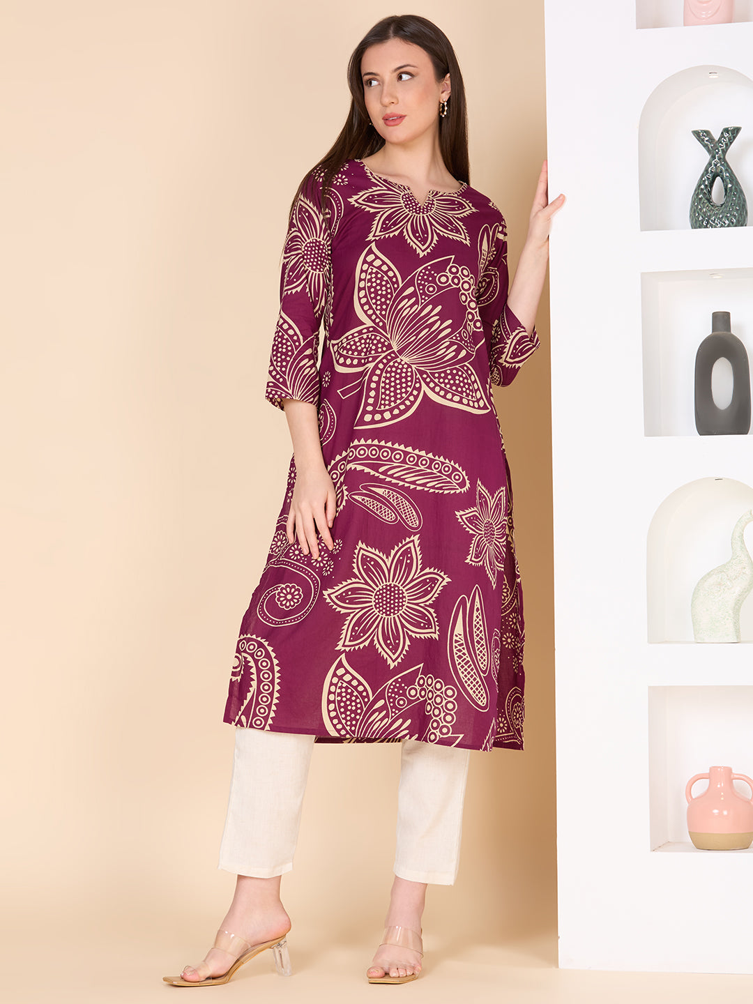 Abstract Floral Printed Straight Fit Kurta - Purple