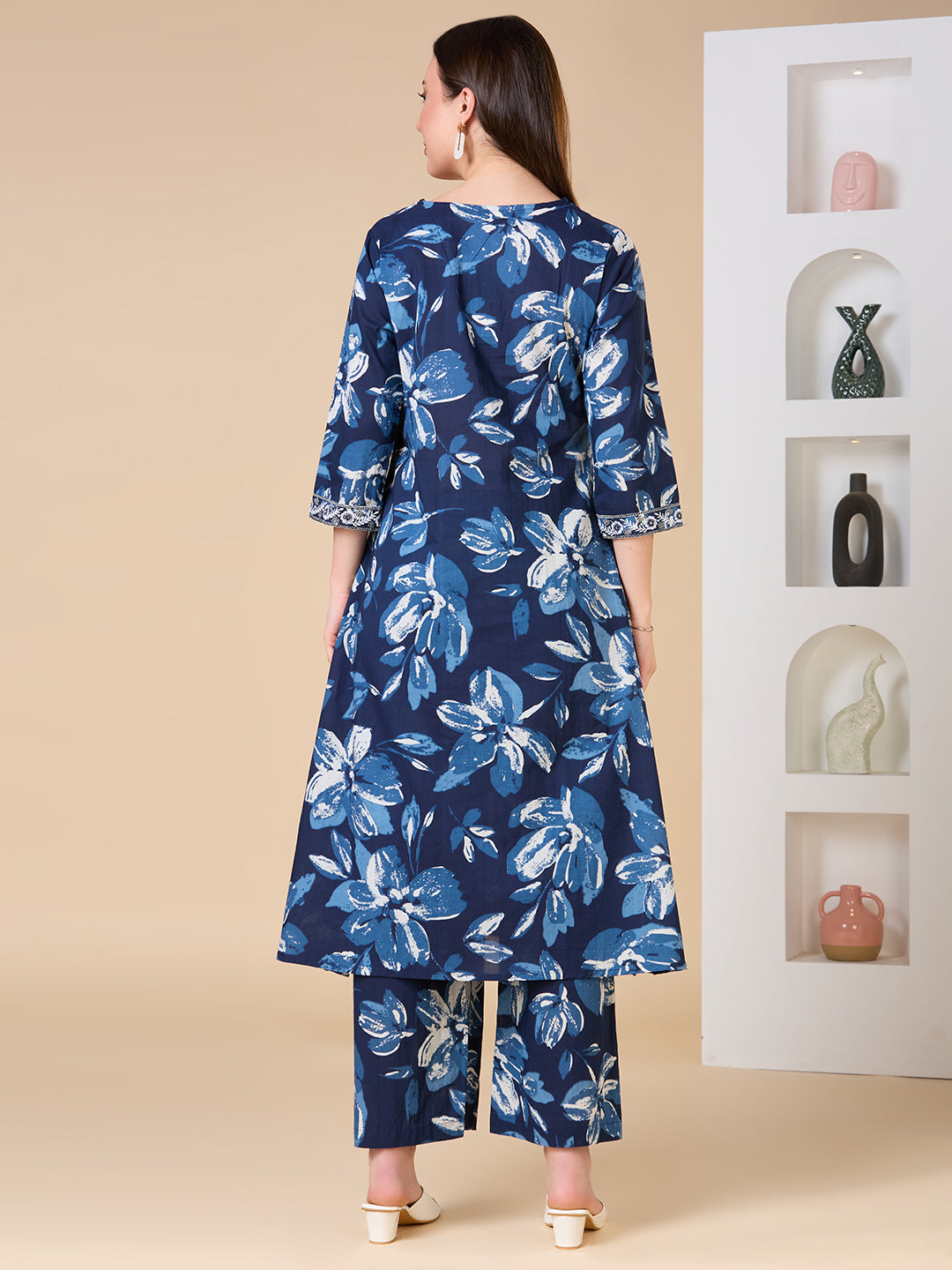 Floral Printed Embroidered A-Line Co-ord Set - Navy Blue