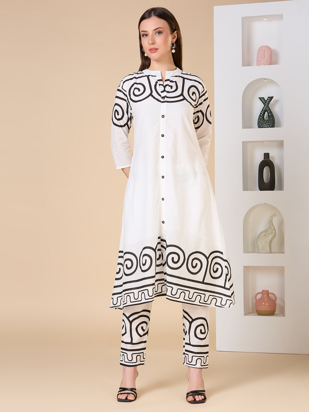 Abstract Geometric Printed A-Line Co-ord Set - White