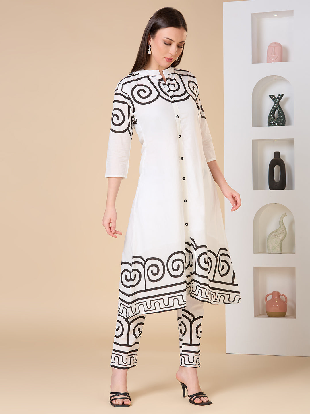 Abstract Geometric Printed A-Line Co-ord Set - White