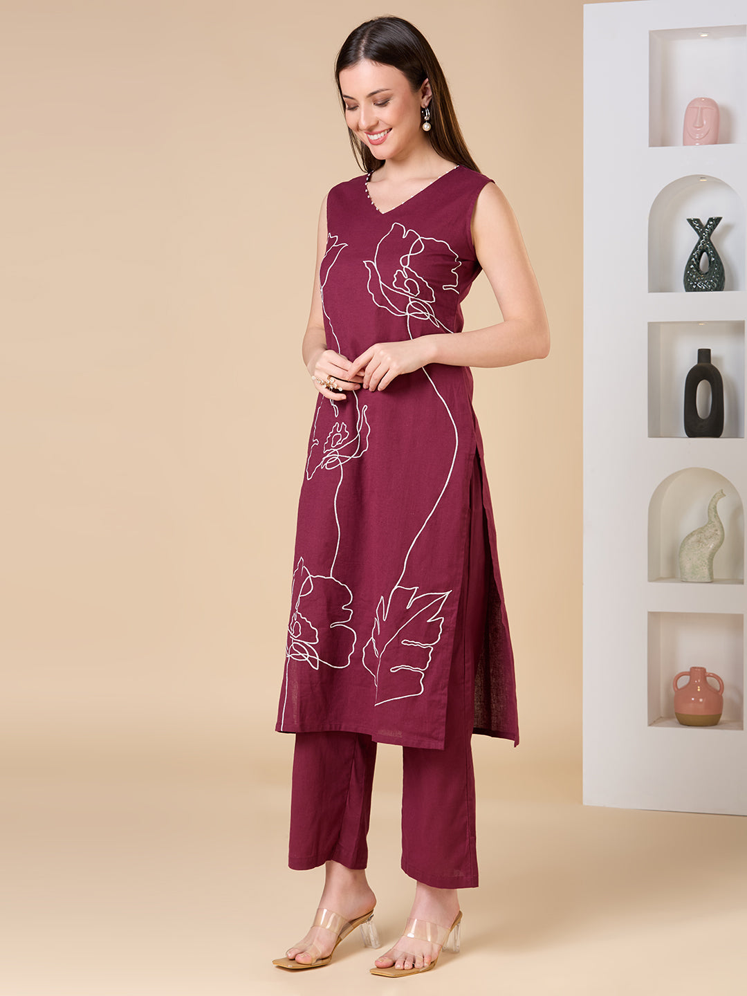 Solid Floral Threadwork Embroidered Straight Fit Co-ord Set - Burgundy