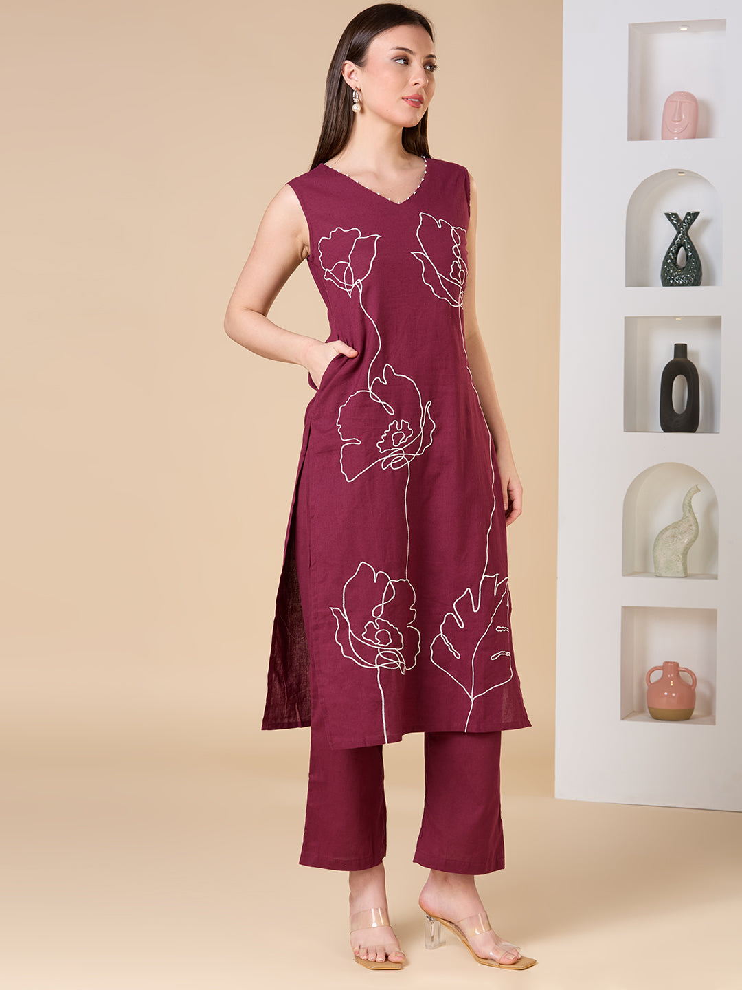 Solid Floral Threadwork Embroidered Straight Fit Co-ord Set - Burgundy