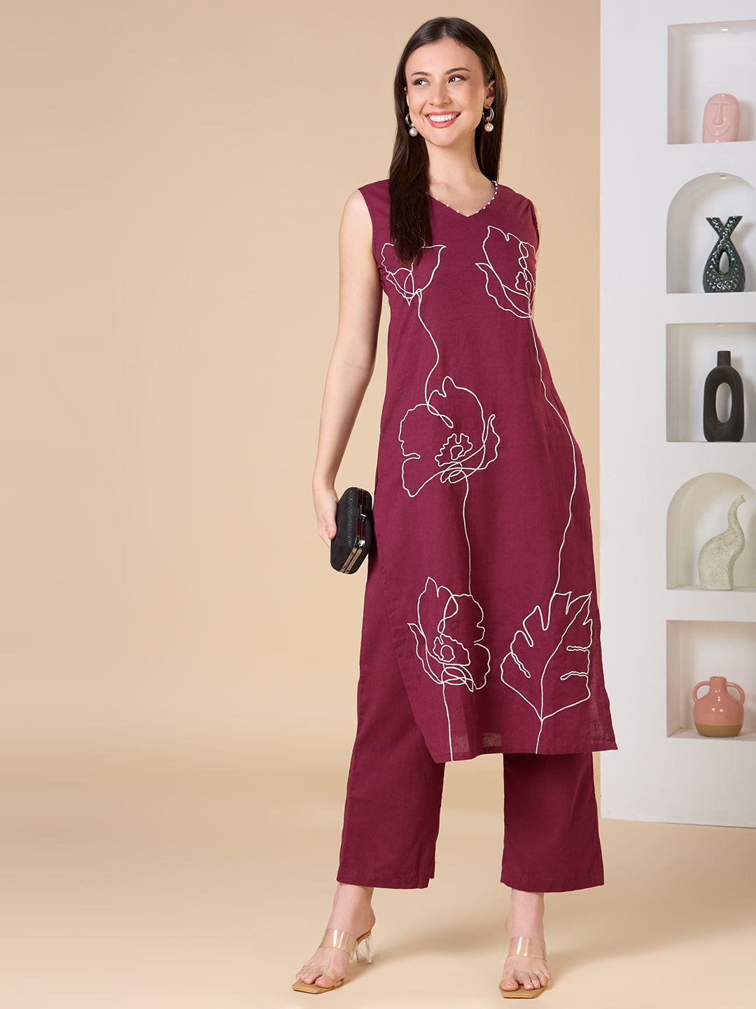 Solid Floral Threadwork Embroidered Straight Fit Co-ord Set - Burgundy