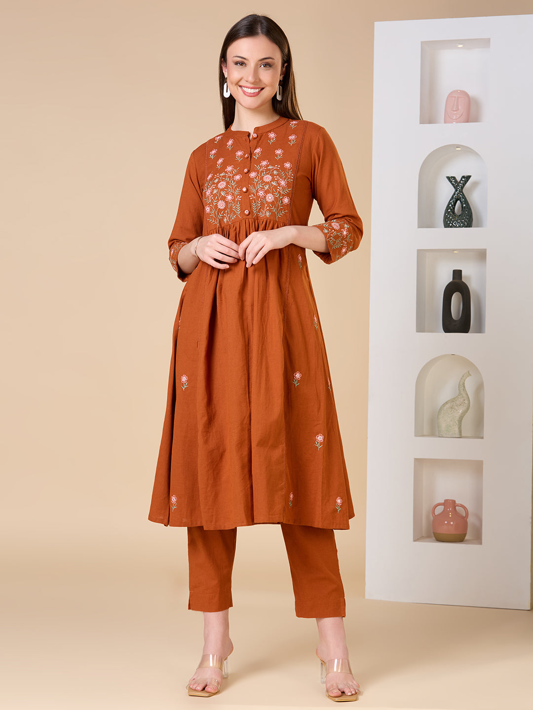 Solid Floral Embroidered A-line Kurta with Pant - Rust