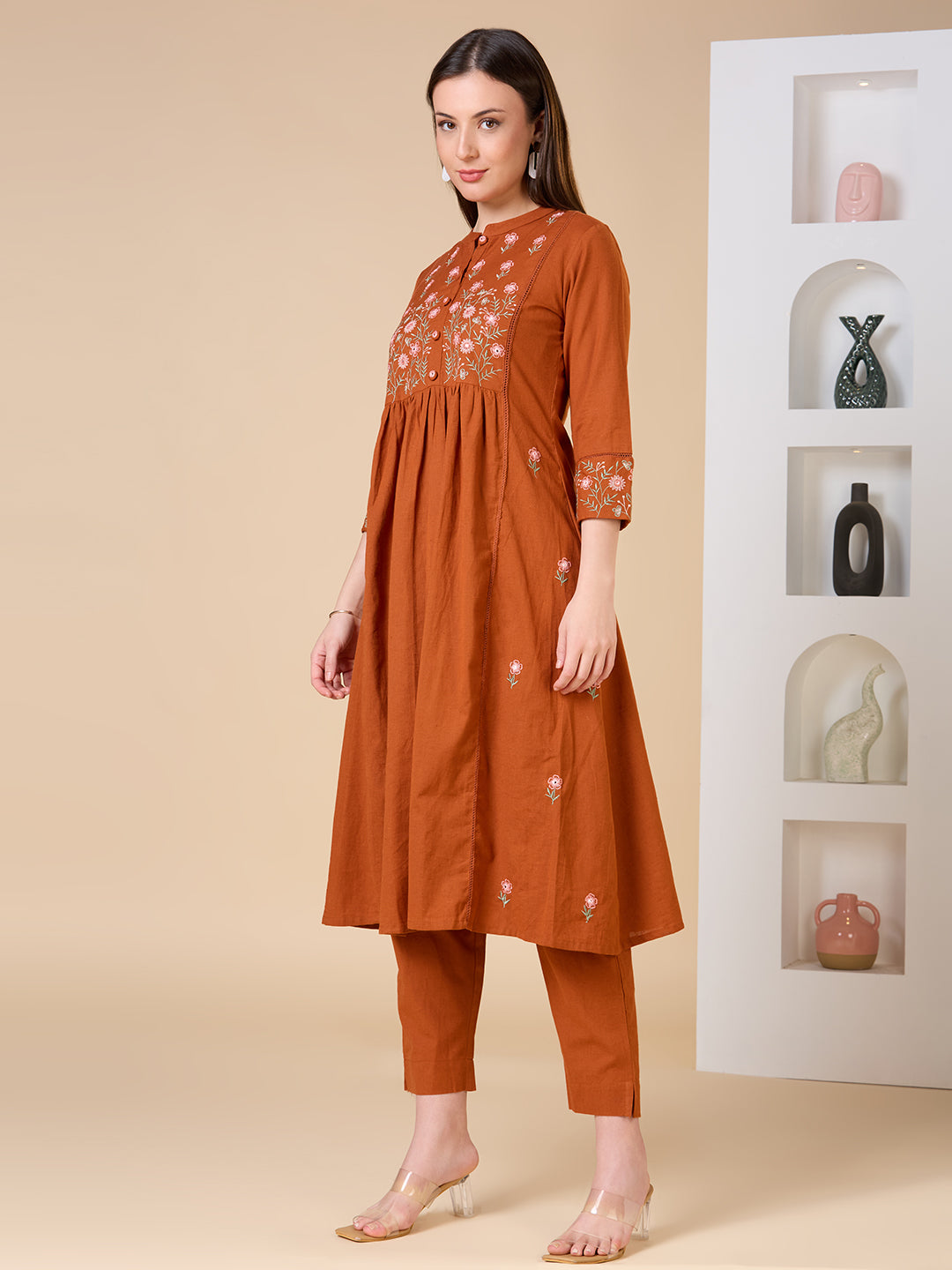 Solid Floral Embroidered A-line Kurta with Pant - Rust